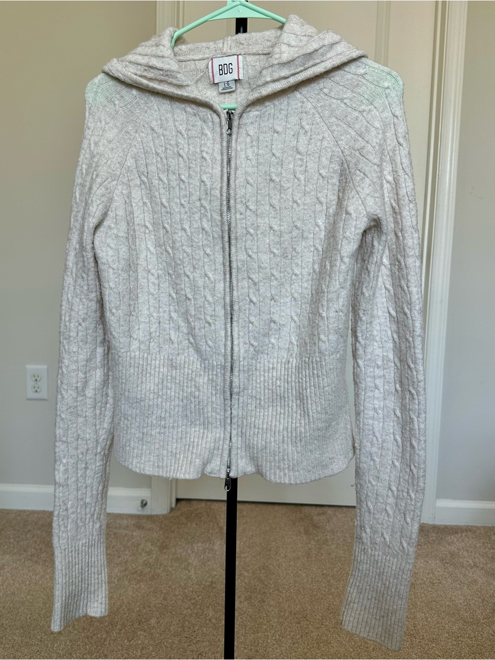 BDG Cream Cable-Knit Zip Hoodie Cardigan